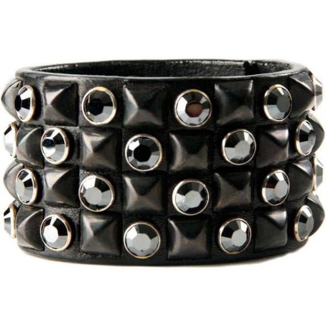 Impero London Jet Swarovski Crystal & Black Pyramid Black Leather Piter Cuff