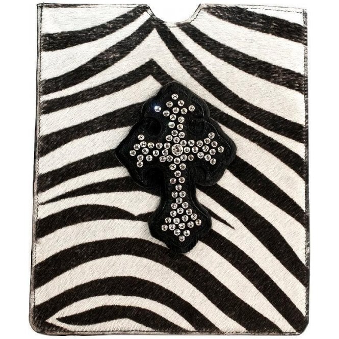 Impero London Pony Skin iPad Leather & Swarovski Cross Zebra Print Case