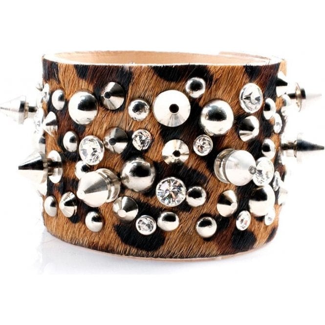 Impero London Pony Skin Leopard Print Leather Swarovski & Spike Bracelet Cuff