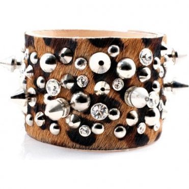 Pony Skin Leopard Print Leather Swarovski & Spike Bracelet Cuff