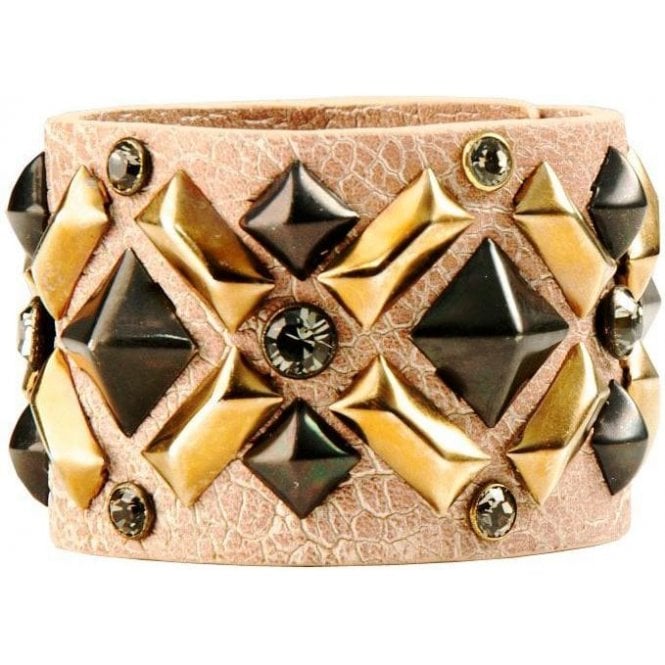 Impero London Salmon Pink Leather Swarovski Crystal & Pyramid Hera Cuff
