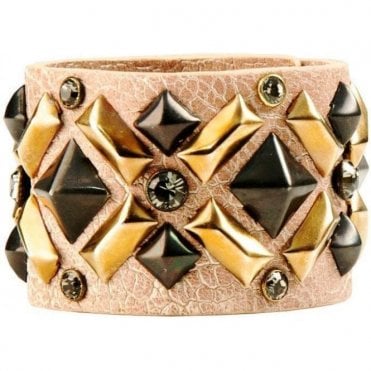 Salmon Pink Leather Swarovski Crystal & Pyramid Hera Cuff