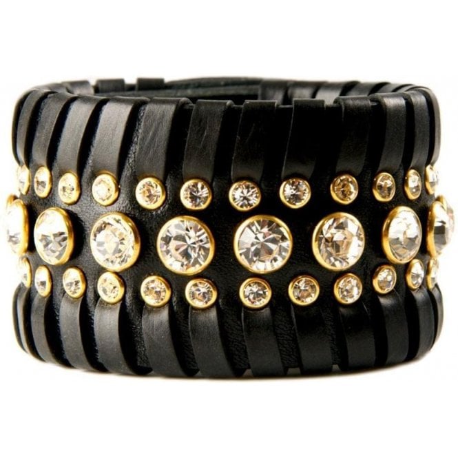 Impero London Swarovski Crystal & Black Leather Luxury Adonia Cuff Bracelet