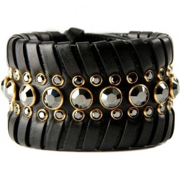Swarovski Crystal & Black Leather Luxury Adonia Jet Cuff Bracelet
