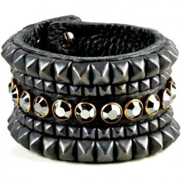 Swarovski Crystal & Black Leather Luxury aviva Pyramid Cuff Bracelet