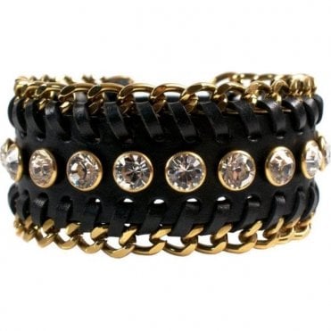 Swarovski Crystal & Black Leather Luxury Chain Cuff Bracelet