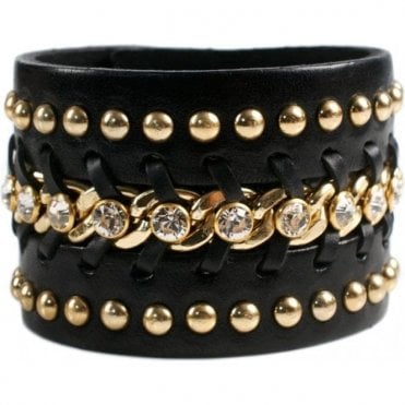 Swarovski Crystal chain & Black Leather Luxury Gia Cuff Bracelet